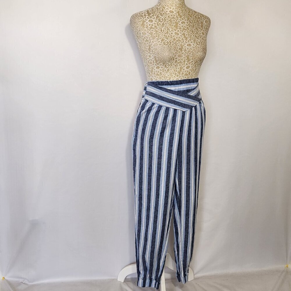 Indigo Rein Women’s SZ M Blue Stripe Linen Blend Pull On V-Waist Joggers Beach - Picture 5 of 16